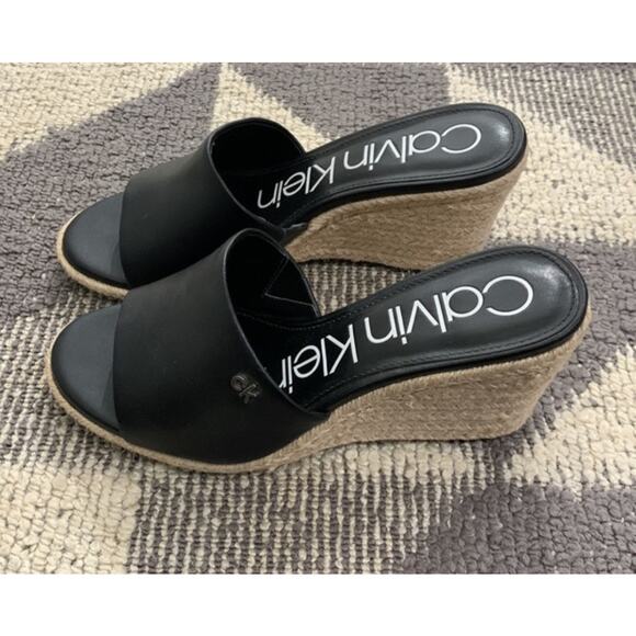 Calvin Klein Britta wedge sandal in black leather - Picture 1 of 3